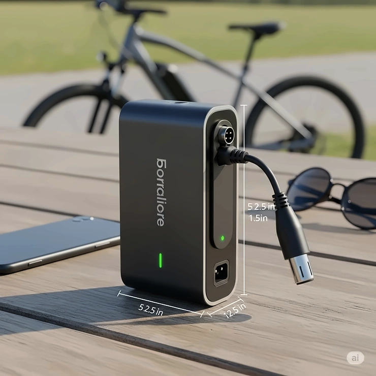 Compact and lightweight portable e-bike battery charger, ideal for travel and on-the-go charging of electric bicycle batteries.
