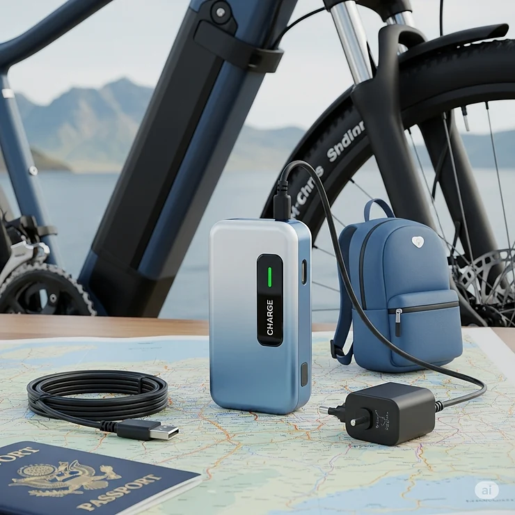 Illustration of a compact, portable charger for electric bicycles, emphasizing its convenience for travel.