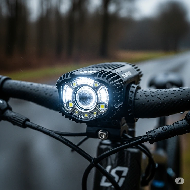 Close-up view of a powerful LED ebike headlight, designed to provide excellent illumination for night riding."
