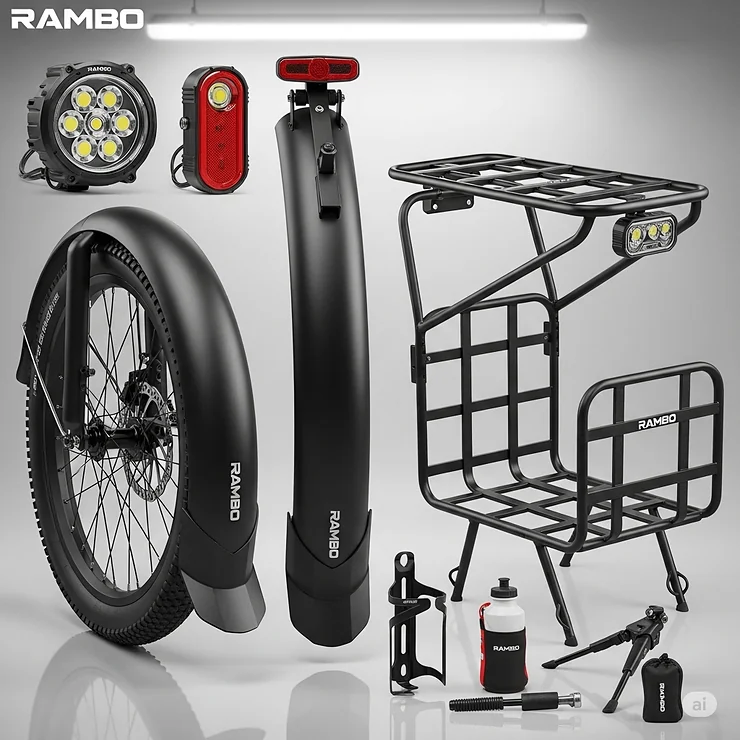 A collection of essential Rambo electric bicycle accessories, including fenders, racks, and lights, designed to enhance the riding experience and utility.