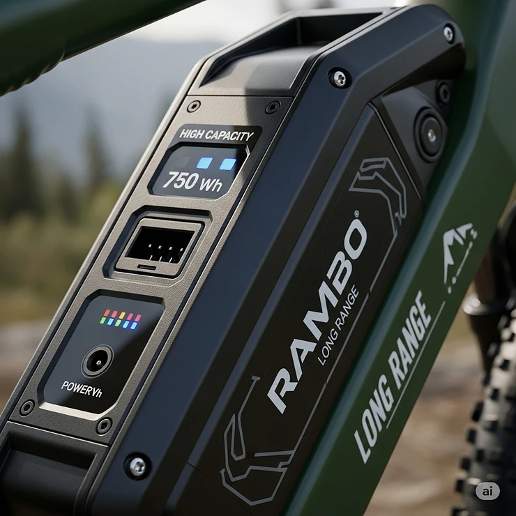 A close-up view of a high-capacity Rambo electric bicycle battery, emphasizing its long-range capabilities and durable casing for extended adventures.