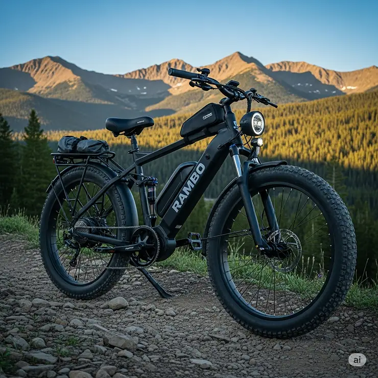 A Rambo electric bike, rugged and powerful, stands ready for an adventurous off-road ride in a scenic mountain landscape, showcasing its durable frame and fat tires.
