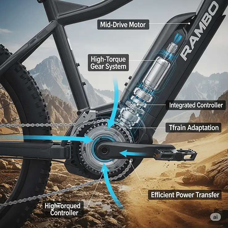 An illustration detailing the powerful mid-drive motor system of a Rambo electric bicycle, highlighting its efficiency and performance for various terrains.