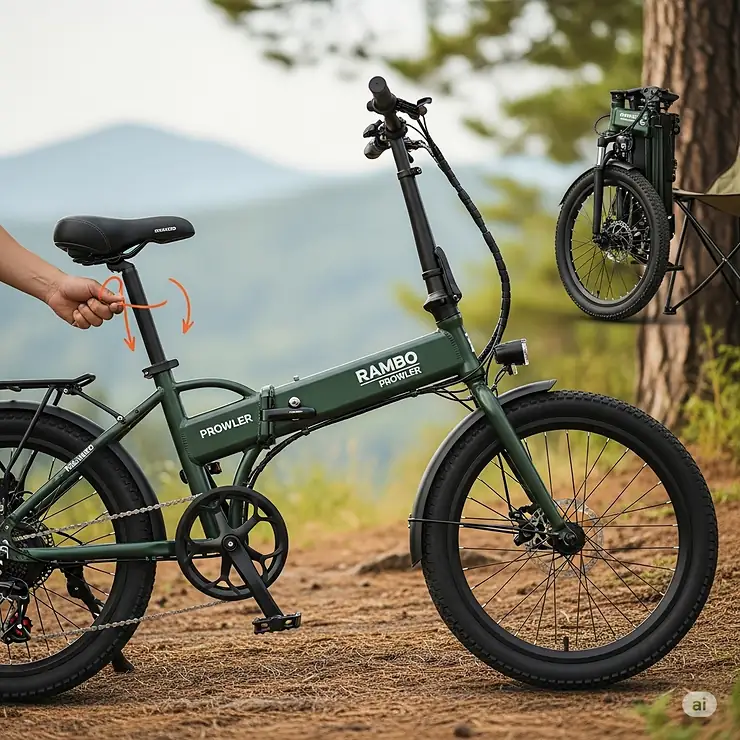 A compact Rambo Prowler folding electric bike, perfect for easy transport and storage, showcasing its quick-fold mechanism and portability.