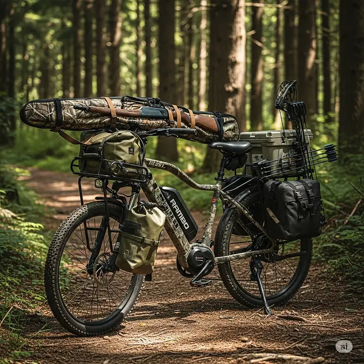 A Rambo Rebel electric hunting bike with camouflage finish, designed for stealthy off-road travel and equipped with gear racks for equipment.