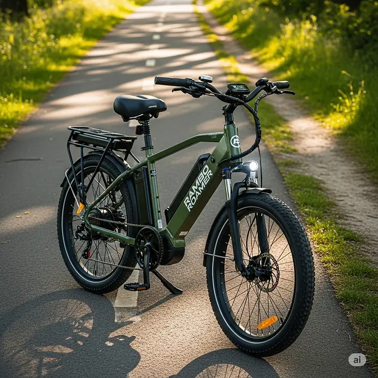 The Rambo Roamer electric bicycle, ideal for daily commutes and light trail riding, featuring integrated lights and a comfortable seat.