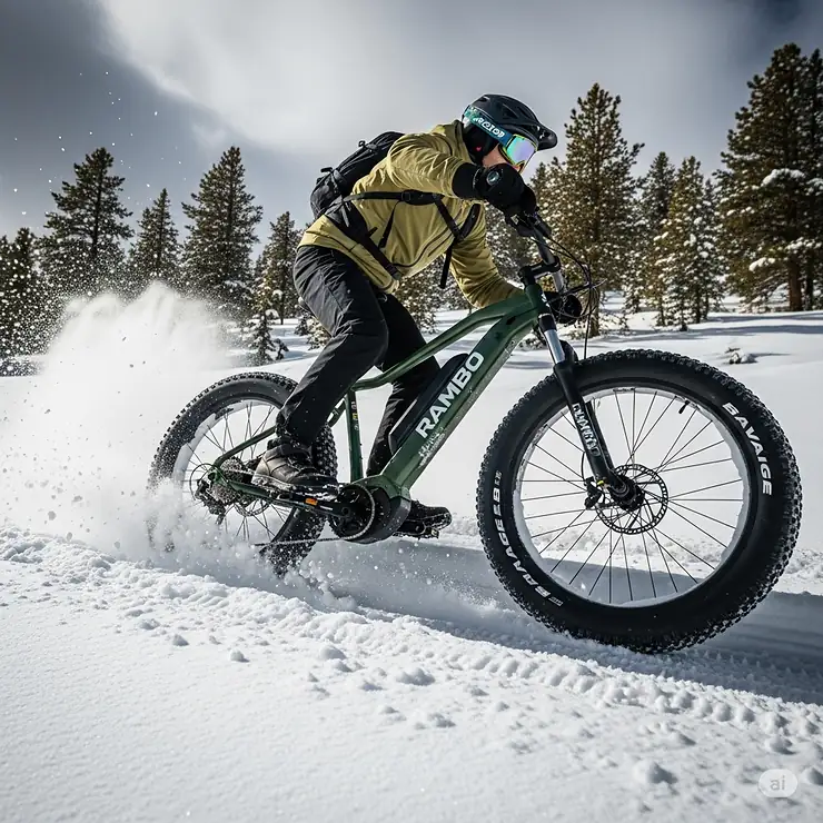 The Rambo Savage, a powerful fat-tire electric bicycle, conquering challenging snowy terrain, highlighting its robust motor and wide tires for ultimate grip.