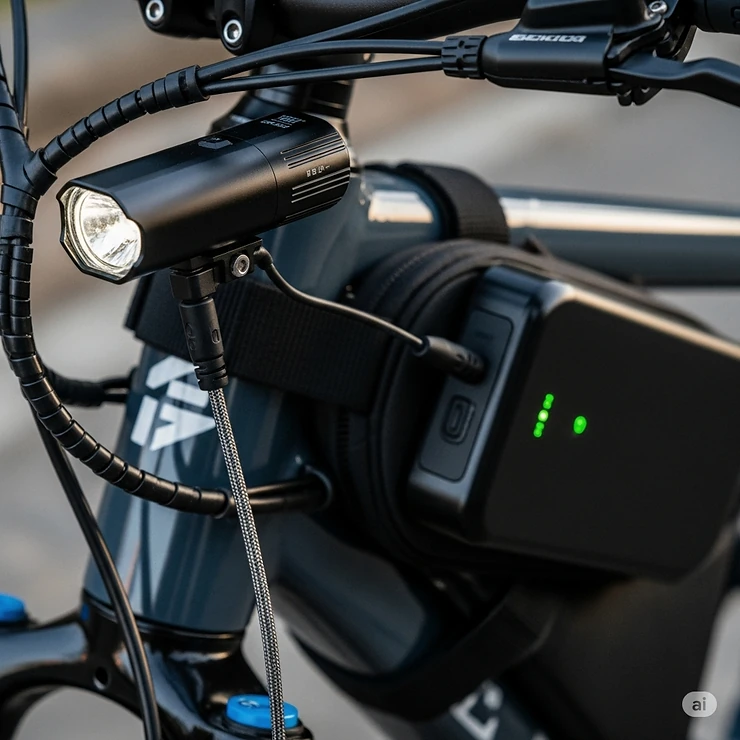 An ebike light connected to a rechargeable battery pack, emphasizing convenience and extended run time for electric bike lights."