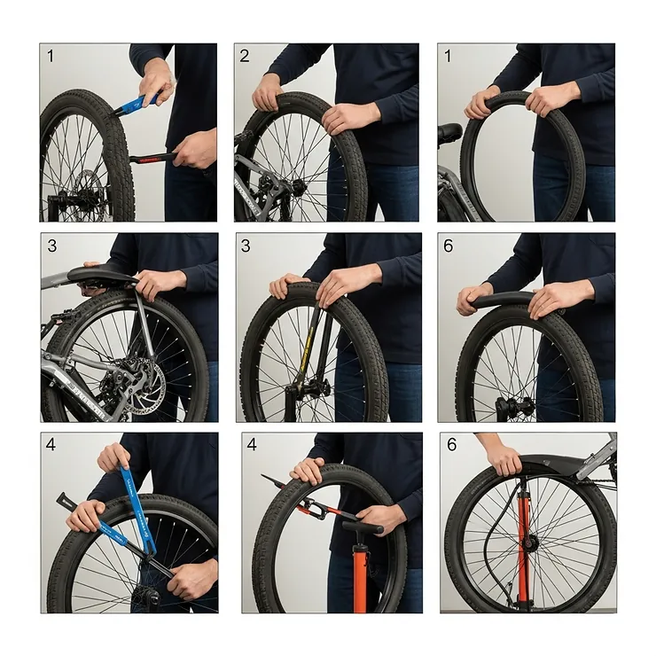 Sequential illustrations depicting the process of replacing an electric bike tire, from removing the old tire to seating the new one on the rim.