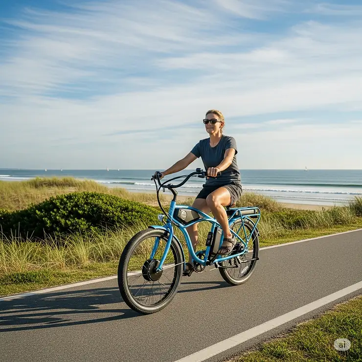 Person enjoying a leisurely ride on a modern beach cruiser electric bike along a scenic coastal path with ocean views.