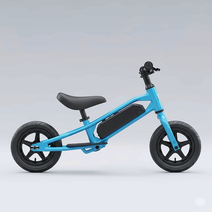 A clean side view of an electric strider bike, ideal for kids 3-5 years old, showcasing its sleek design and compact wheels.