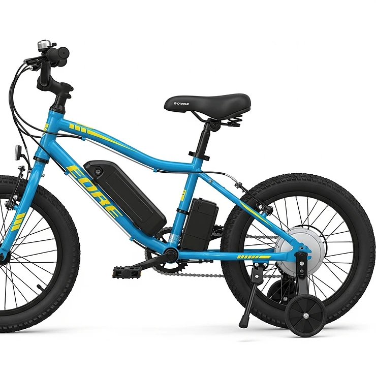 A detailed side view of a kids' electric bike, showing the built-in kickstand, adjustable seat height, and durable tires.