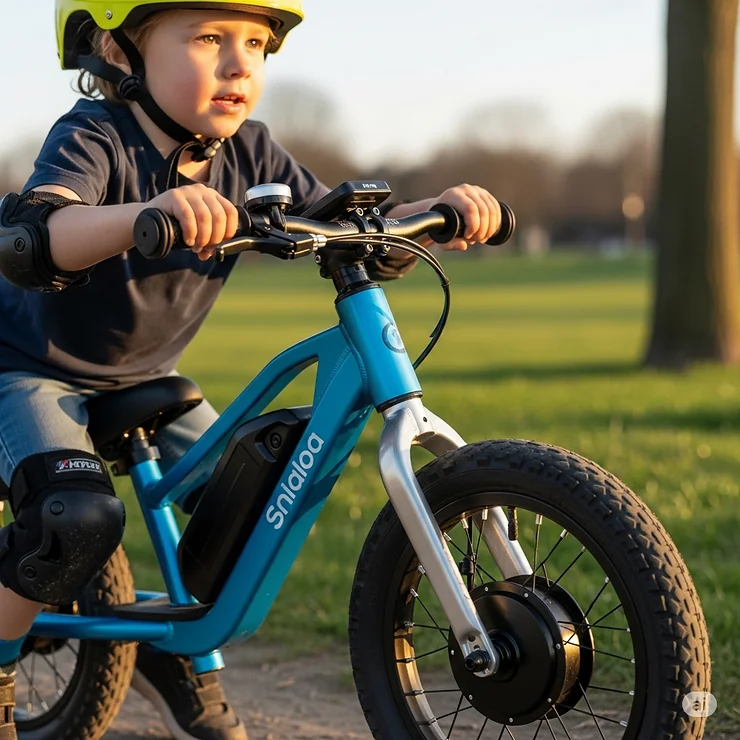 Close-up of a child's electric bike, highlighting its small frame, safety features, and age-appropriate design, perfect as a first e-bike for kids.
