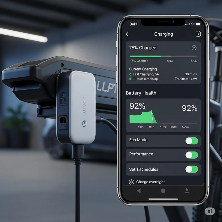 Smart e-bike battery charger connected to a mobile app display, showing real-time charging status, battery health, and customizable settings.