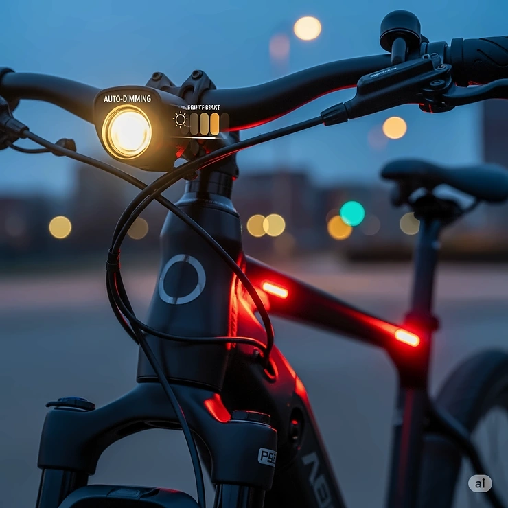 Smart ebike lights showcasing advanced features like auto-dimming and a reactive brake light function for enhanced rider safety."