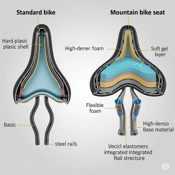 Cutaway comparison showing the internal padding and suspension differences between a standard bike seat and a comfortable mountain bike seat.