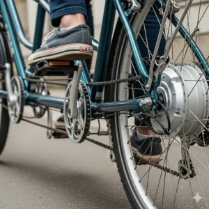 Close-up shot of a person's feet on the pedals of a tandem e-bike, showing the electric motor hub.