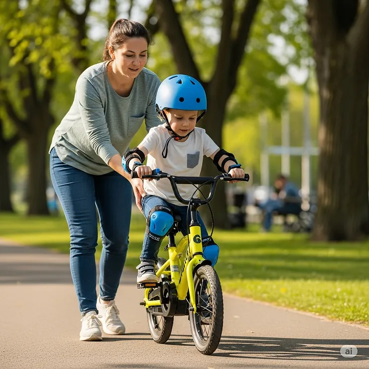 An adult patiently teaching a child how to confidently ride an e-bike for kids in a safe, open area.