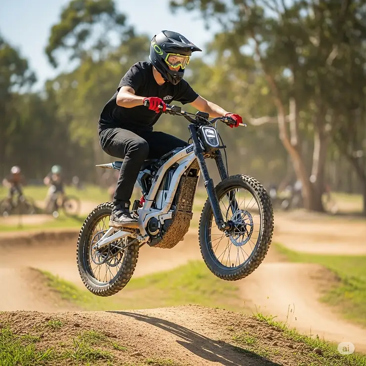 A skilled teenager safely performing a controlled, low-height jump on an electric dirt bike, demonstrating the fun and capability of these bikes for adventurous teens.