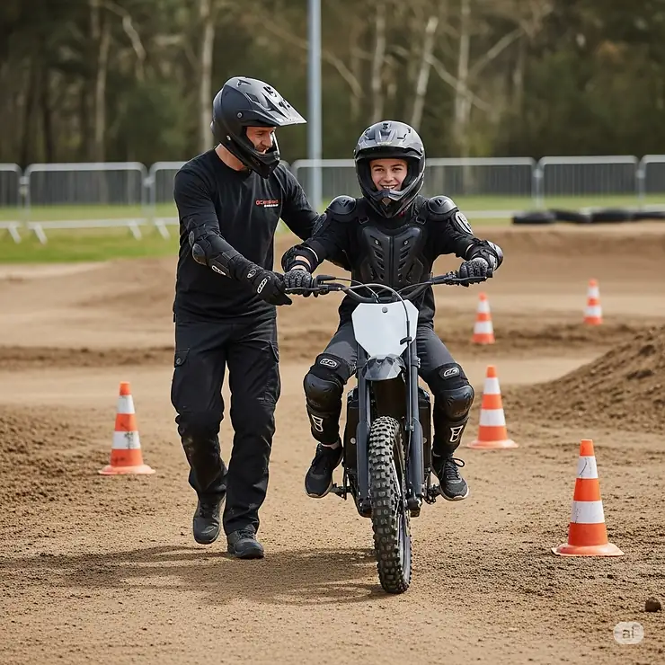 An instructor guiding a teenager on an electric dirt bike in a controlled environment, demonstrating the ease of learning and safety aspects for young riders.