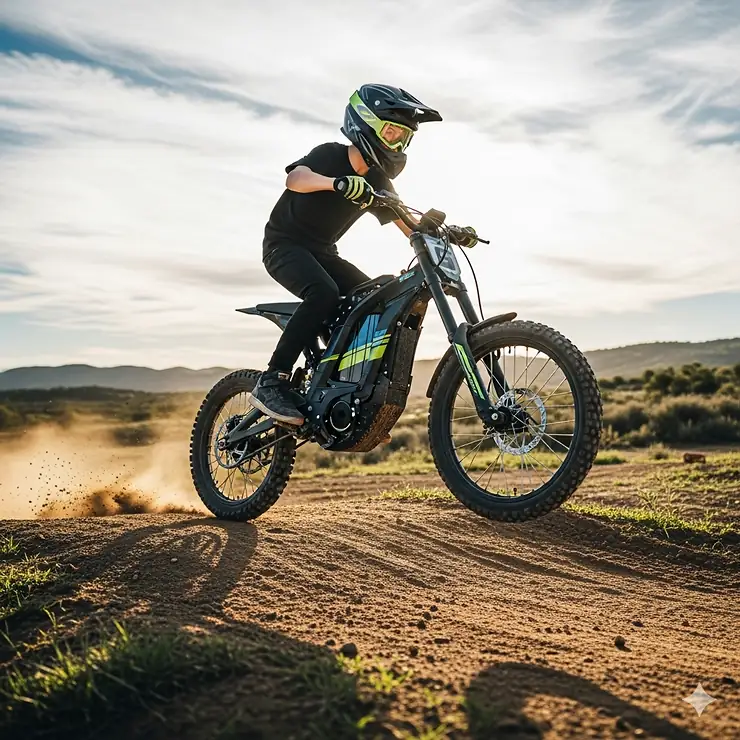 A dynamic action shot of a young teenager on an electric dirt bike, catching a small amount of air off a ramp, demonstrating its capability and performance.