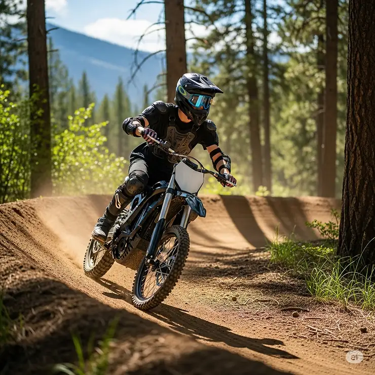 Teenager in protective gear confidently riding a sleek electric dirt bike on a scenic, well-maintained trail, highlighting the safe and enjoyable experience for teens.