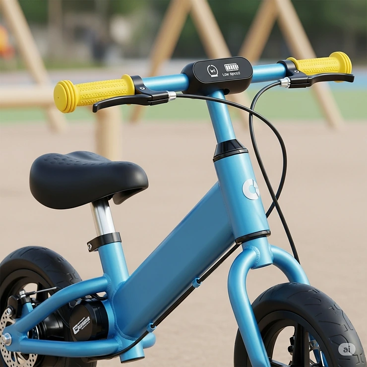 A close-up shot of a lightweight electric strider bike designed for toddlers aged 3-5, highlighting the durable frame and easy-to-grip handlebars.