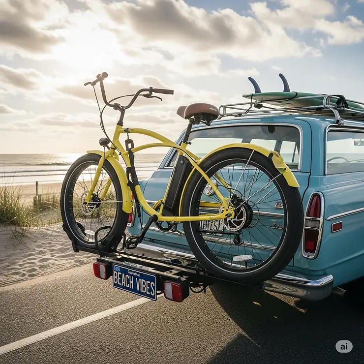 A beach cruiser electric bike securely mounted on a car rack, demonstrating its portability for various adventures.