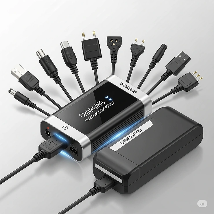 Illustration of a universal charger compatible with multiple types of electric bicycle batteries, highlighting versatility.
