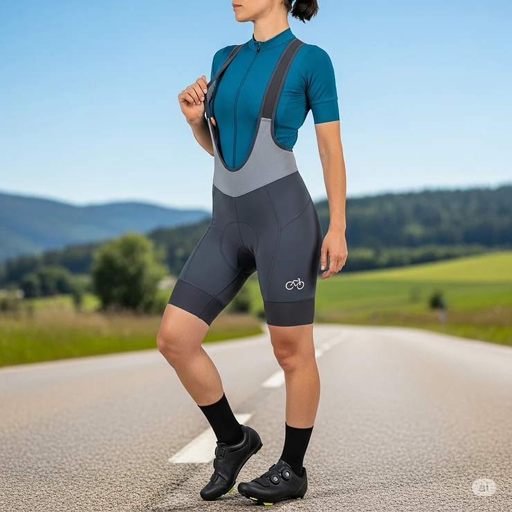A full-body view of a woman wearing bib-style riding shorts with comfortable shoulder straps for a secure fit.