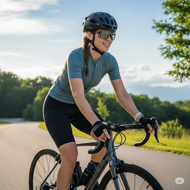 Woman cycling outdoors wearing comfortable and stylish black women's bike shorts. womens bike shorts