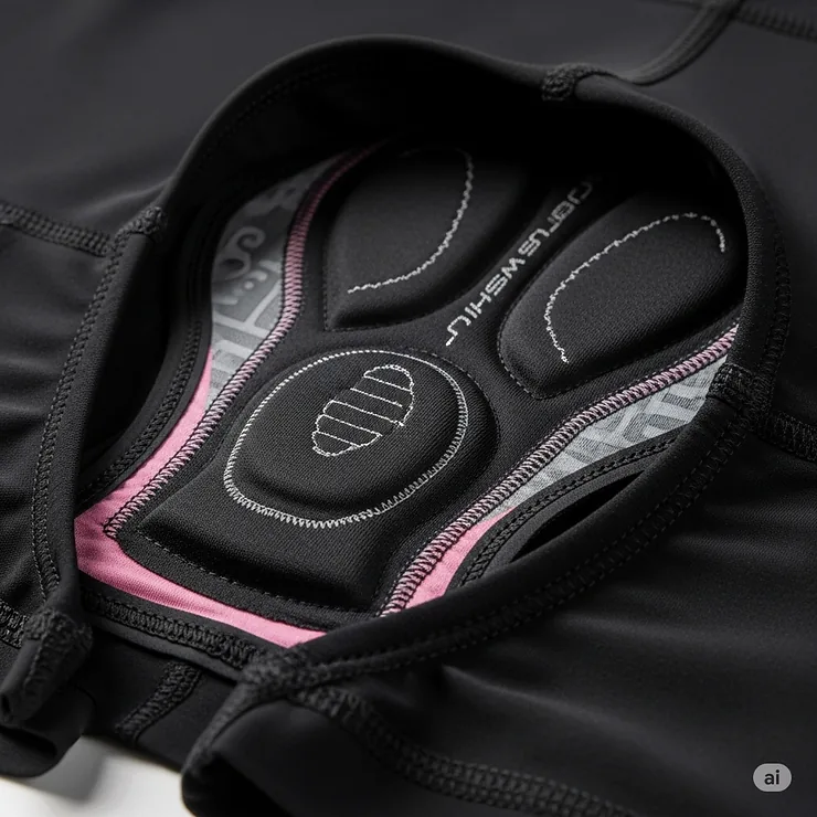 Close-up of chamois padding in high-performance women's bike shorts for ultimate comfort.