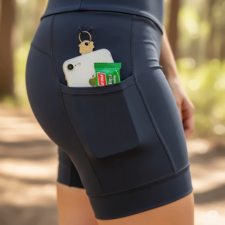 Practical side pocket detail on women's bike shorts, perfect for carrying essentials.