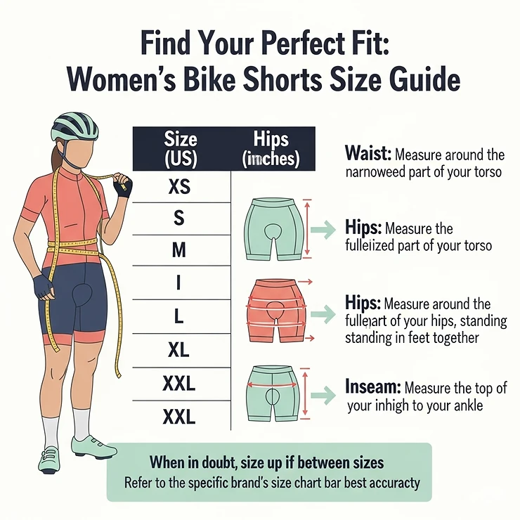 Infographic showing a women's bike shorts size guide for finding the perfect fit.