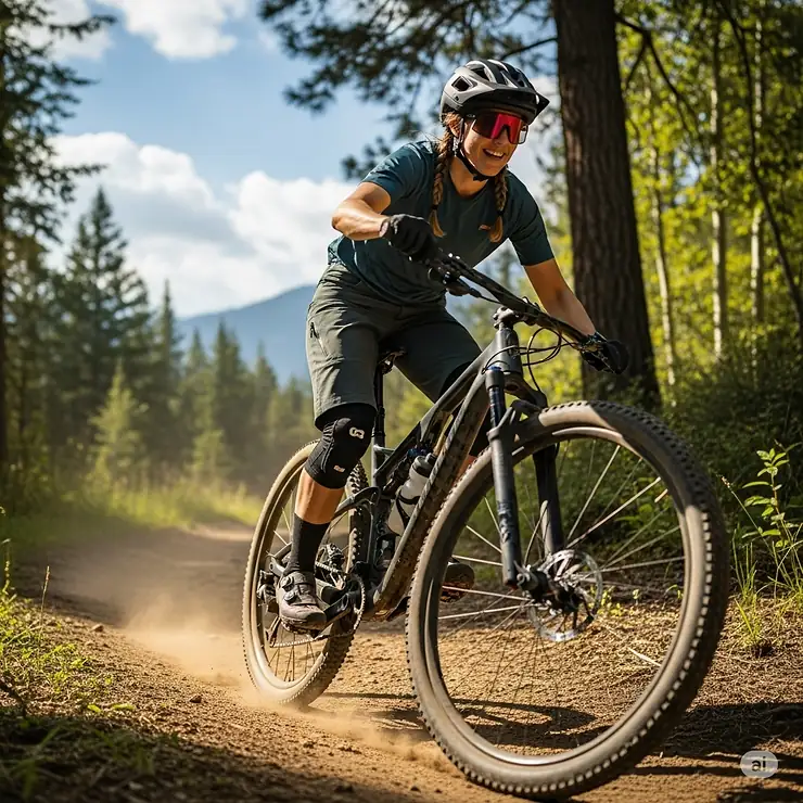 Woman enjoying a trail ride in durable women's mountain bike shorts.