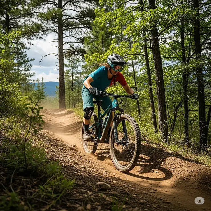 A woman in durable, loose-fitting mountain bike (MTB) shorts rides her bike down a rugged trail surrounded by trees.