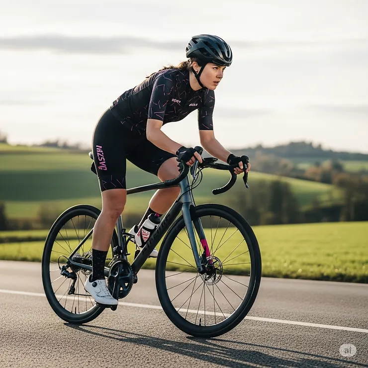 Cyclist on a road bike wearing sleek aerodynamic women's bike shorts.