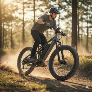 A person riding a 2000w fat tire electric bike, showing the ergonomic design and comfortable riding posture.