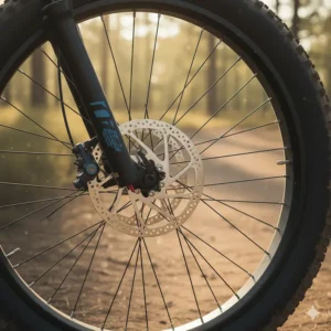 Close-up shot of the hydraulic disc brakes on a fat tire electric bike, highlighting their powerful stopping ability for a 2000w motor.