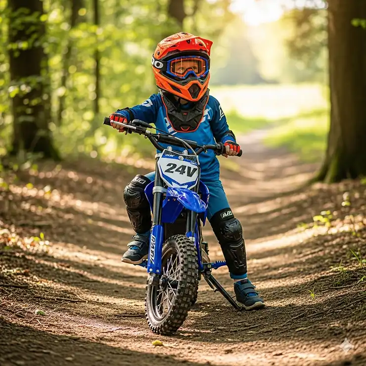 A young rider on a 24 volt electric dirt bike with a helmet and protective gear, parked on a dirt trail.