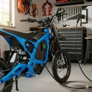 An image of a 36 volt electric dirt bike connected to its charging cable, demonstrating the simple and convenient charging process.