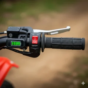 The handlebar controls of a 36 volt electric dirt bike, including the throttle, battery indicator, and power switch.