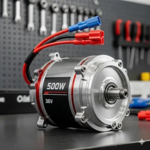 Close-up of a powerful 500W brushless motor, the core component of a 36-volt electric dirt bike.
