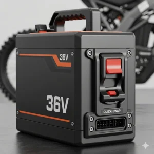 The removable 36V electric dirt bike lithium-ion battery pack, highlighting the quick-swap design for extended ride time.