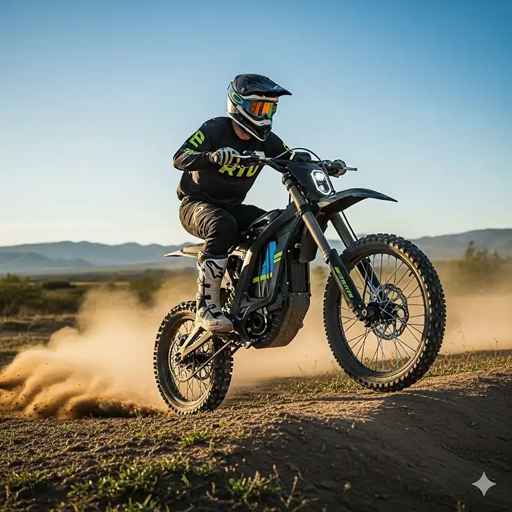 A powerful 48 volt electric dirt bike riding on a dusty trail, showcasing its sleek design and off-road capabilities.
