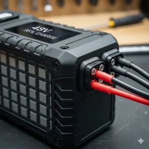 Close-up of a high-capacity 48 volt electric dirt bike battery pack, highlighting its compact and durable casing.