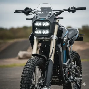 A head-on view of the 48 volt electric dirt bike, showing its distinctive front lights and sturdy frame.