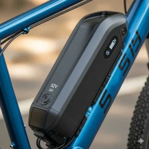 A detailed shot of a removable 52 volt electric bike battery pack, highlighting its integrated design and high energy density.