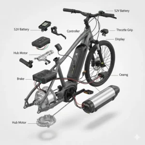 A visual breakdown of the essential components that make up a 52 volt electric bike, including the battery, motor, and controller.