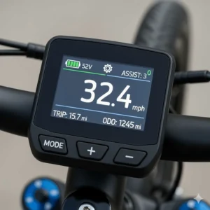 The bright, easy-to-read LCD display on a 52 volt electric bike, showing speed, battery life, and pedal-assist level.